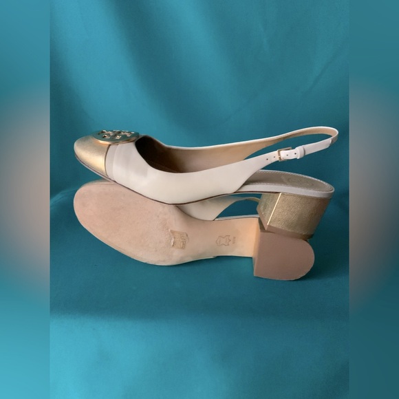 Tory Burch Women's Slingback Minnie Leather Cap-toe in Cream & Gold, Size 8 1/2 - Picture 1 of 4